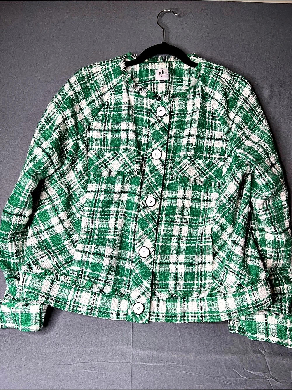 CAbi Library Jacket Plaid Jacket Green & White Large
